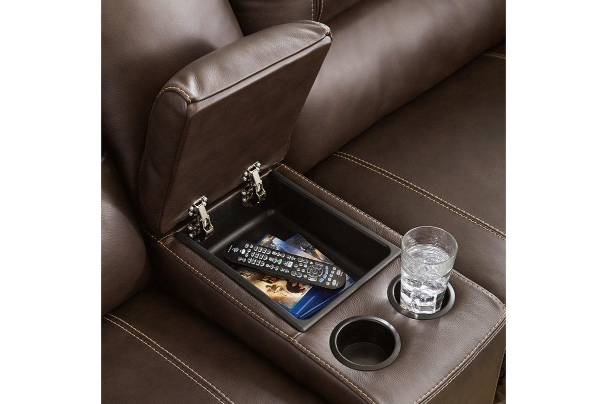 Dunleith Chocolate 3-Piece Power Reclining Loveseat with Console by Ashley at Eve Furniture