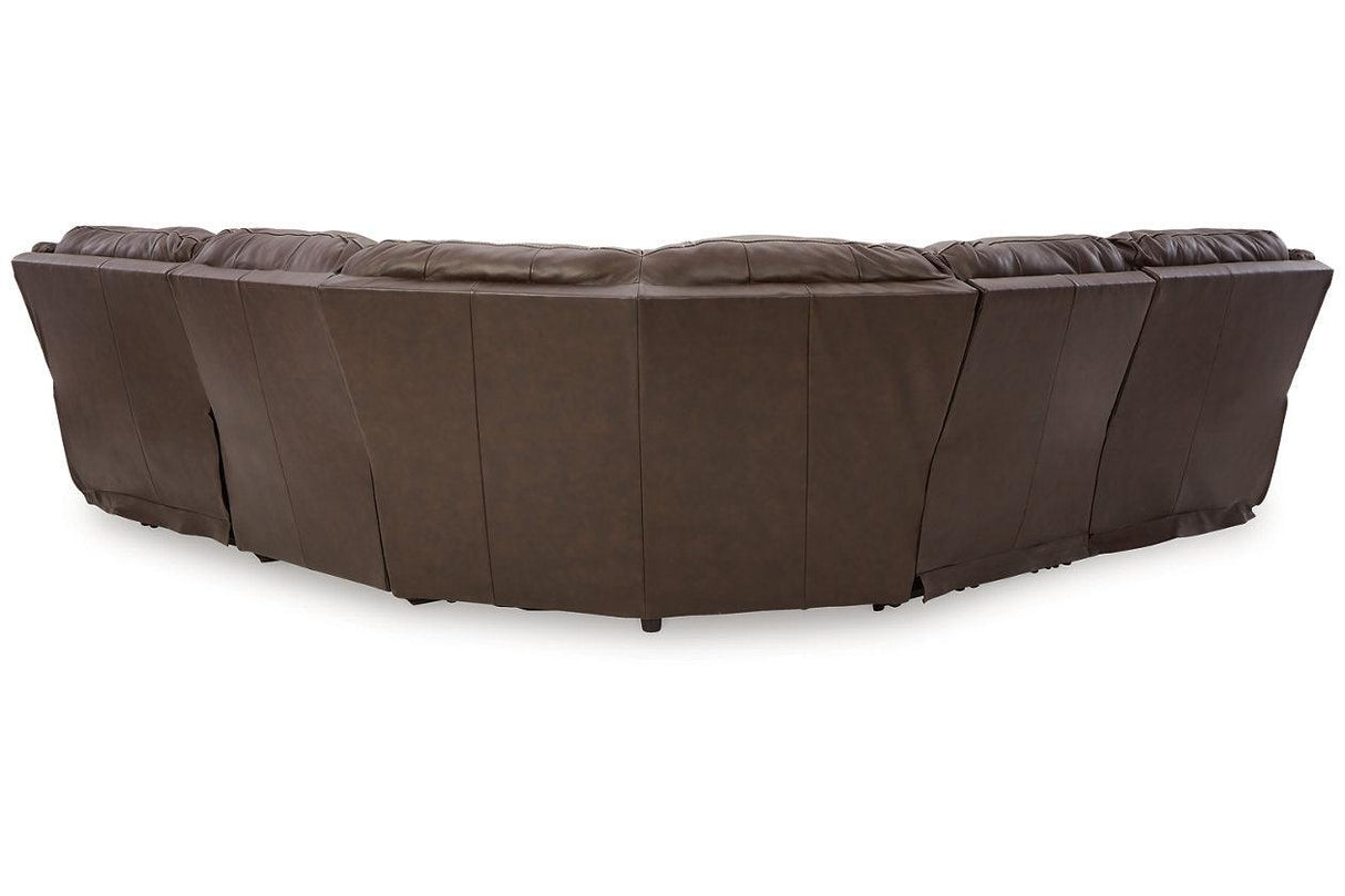 Dunleith Chocolate 5-Piece Leather Power Reclining Sectional by Ashley at Eve Furniture