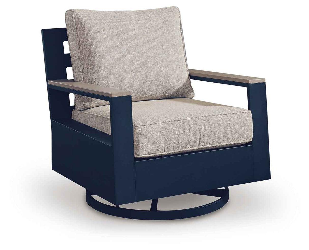East Beach Navy Blue/Driftwood Outdoor Sofa with 2 Swivel Glider Chairs by Ashley at Eve Furniture