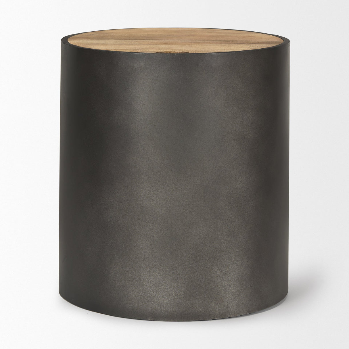 Eclipse Gunmetal Gray Drum Base w/ Brown Wood Top End/Side Table by Mercana at Eve Furniture