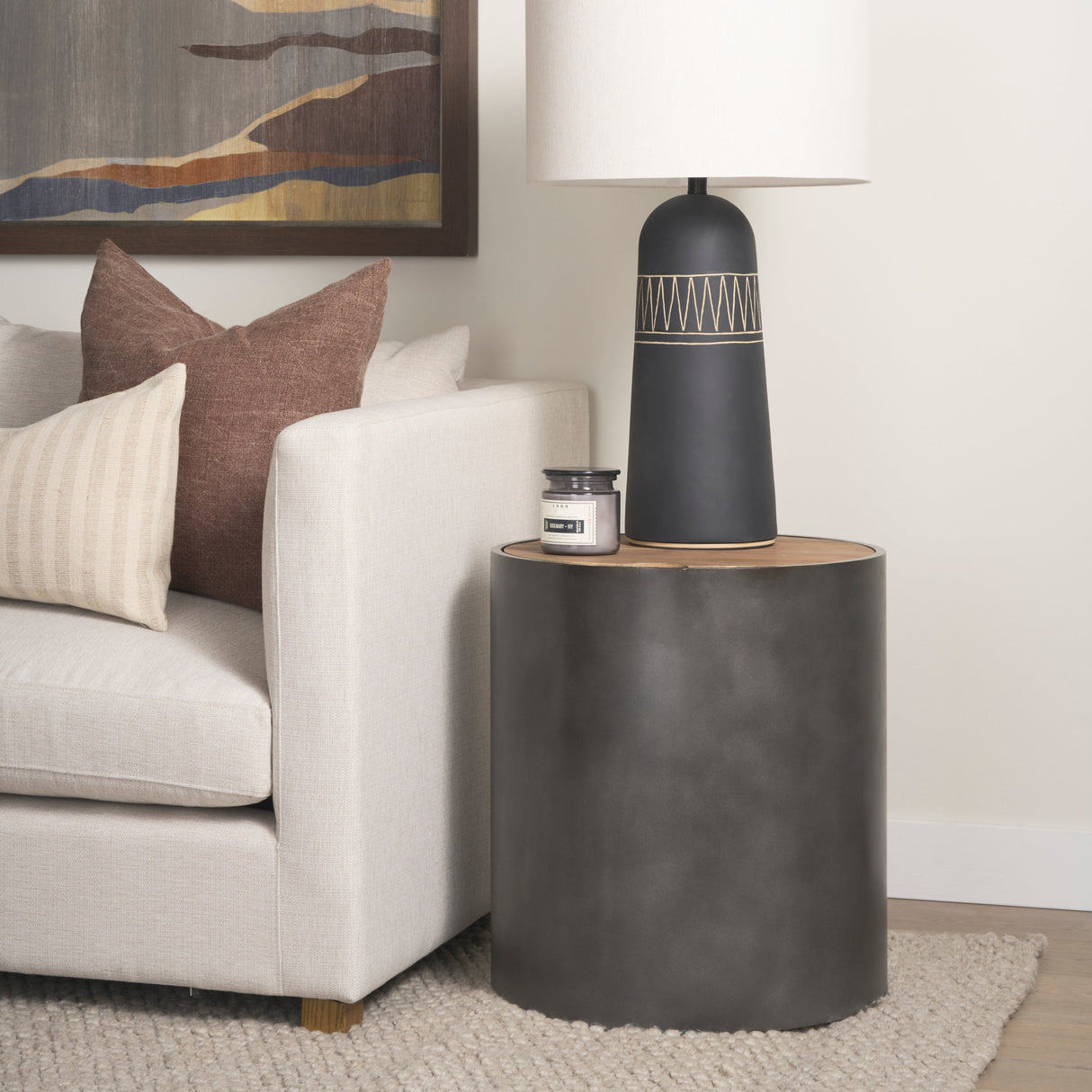 Eclipse Gunmetal Gray Drum Base w/ Brown Wood Top End/Side Table by Mercana at Eve Furniture
