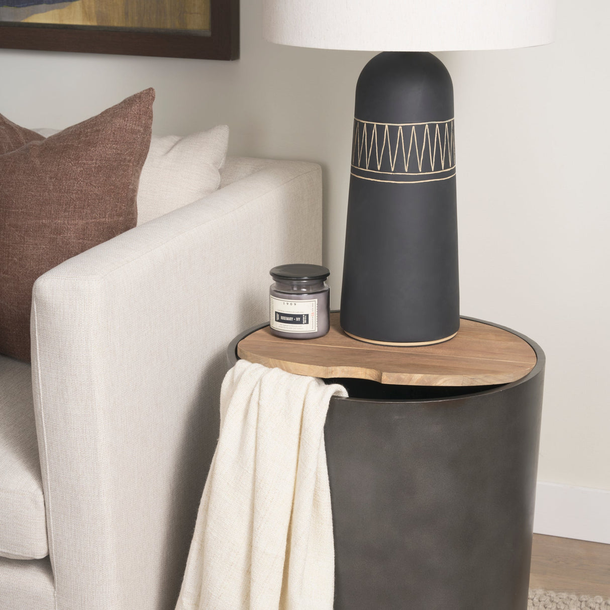 Eclipse Gunmetal Gray Drum Base w/ Brown Wood Top End/Side Table by Mercana at Eve Furniture