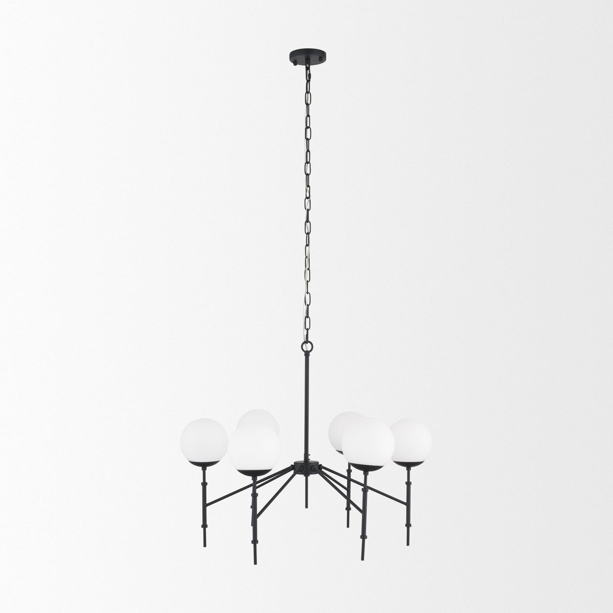 Edie Matte Black Metal w/ Frosted Glass Globes 6-Light Chandelier by Mercana at Eve Furniture