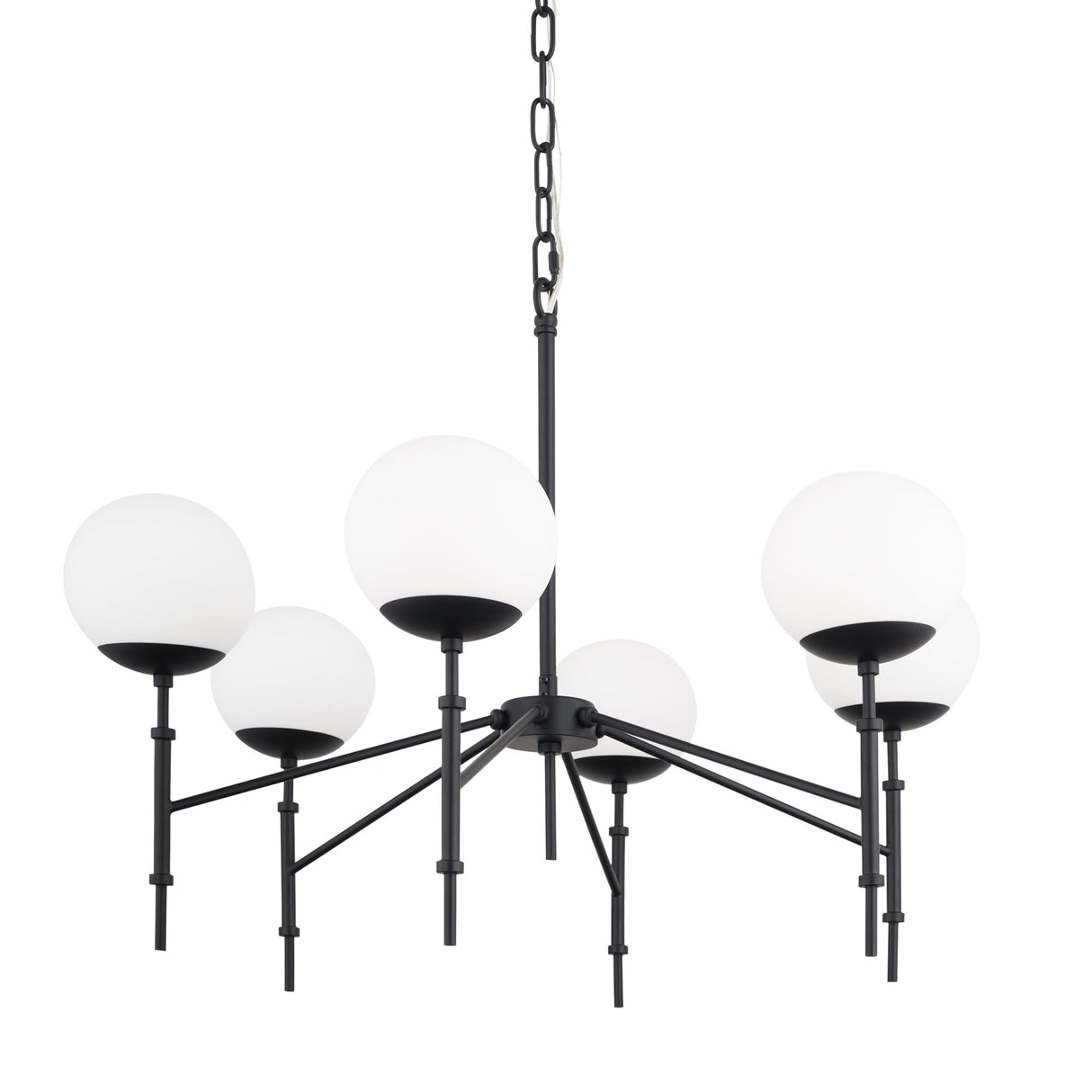 Edie Matte Black Metal w/ Frosted Glass Globes 6-Light Chandelier by Mercana at Eve Furniture