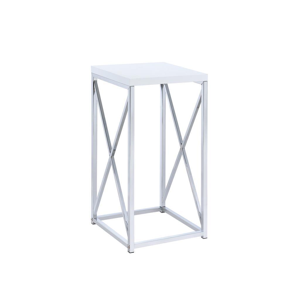 Edmund Glossy White/Chrome Accent Table with X-cross by Coaster at Eve Furniture
