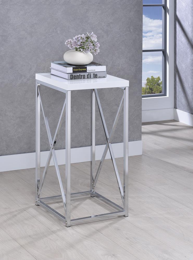 Edmund Glossy White/Chrome Accent Table with X-cross by Coaster at Eve Furniture