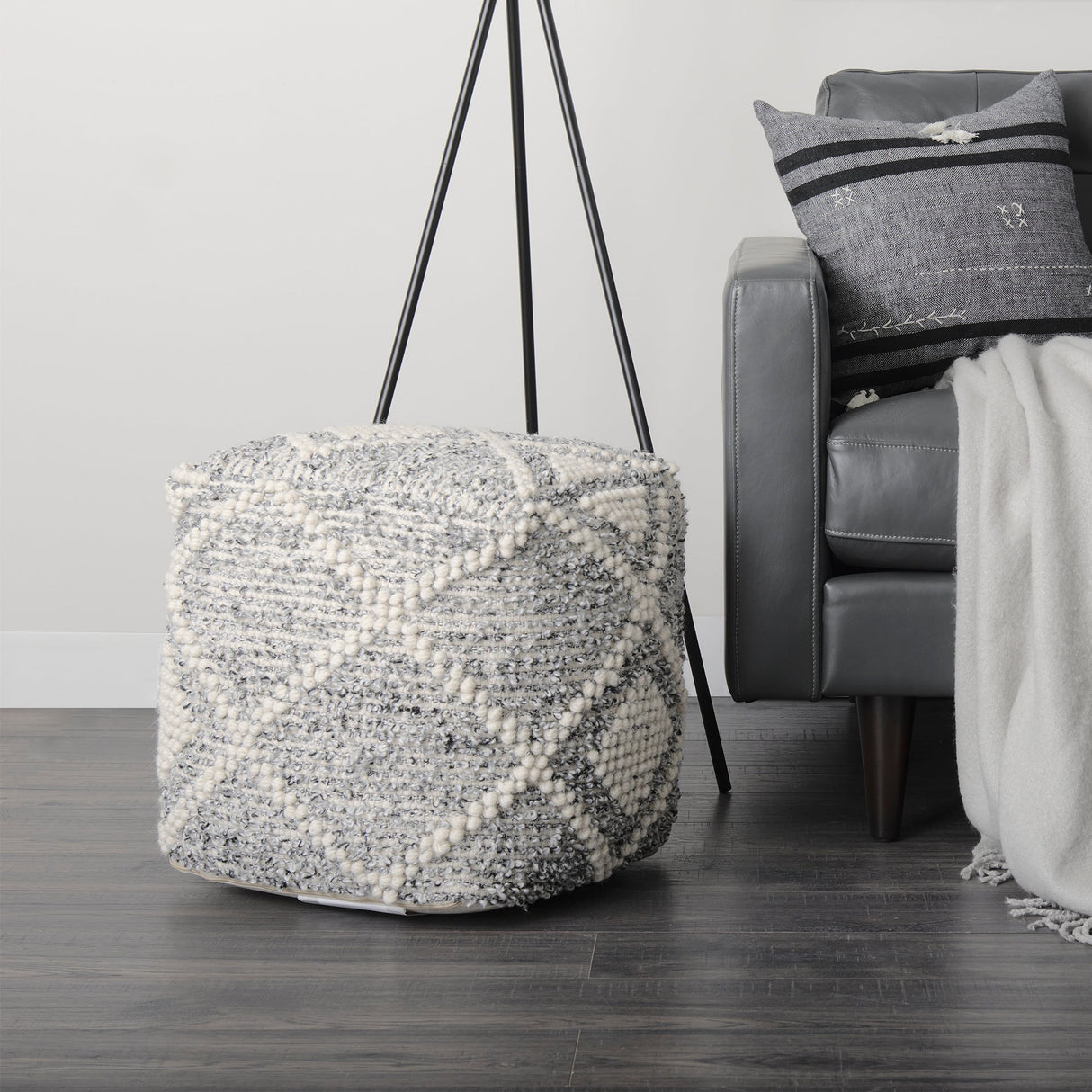 Ekiya Black/White Yarn and Wool Patterened Pouf by Mercana at Eve Furniture