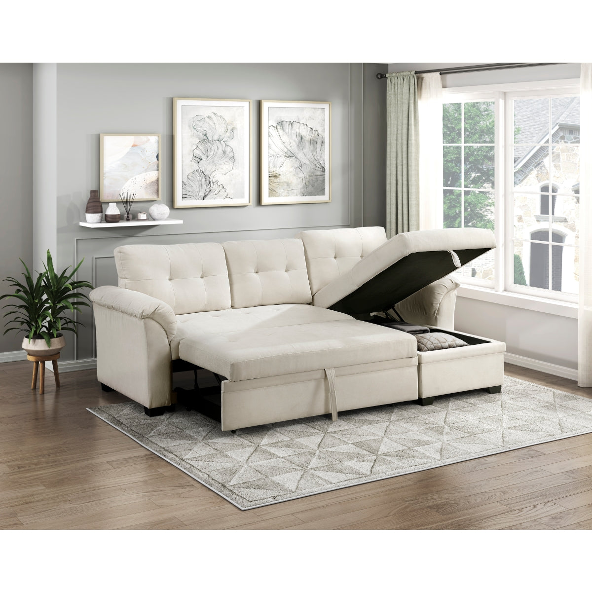 Elara Beige 2-Piece Reversible Sectional with Hidden Storage and Pull-out Bed by Homelegance at Eve Furniture