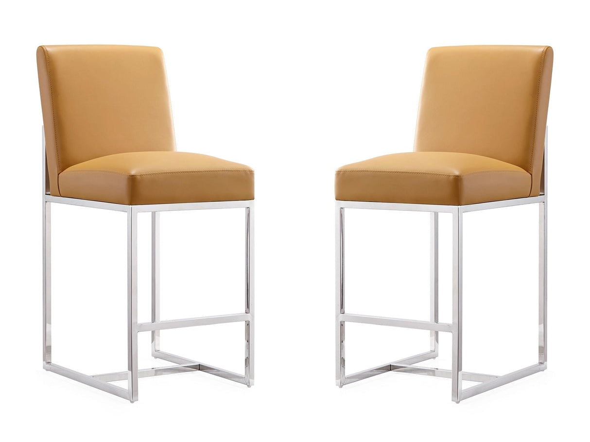 Element Faux Leather Counter Stool in Camel and Polished Chrome (set of 2) by Manhattan Comfort at Eve Furniture