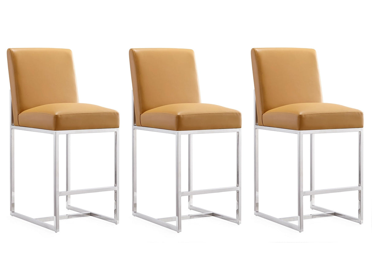 Element Faux Leather Counter Stool in Camel and Polished Chrome (set of 3) by Manhattan Comfort at Eve Furniture