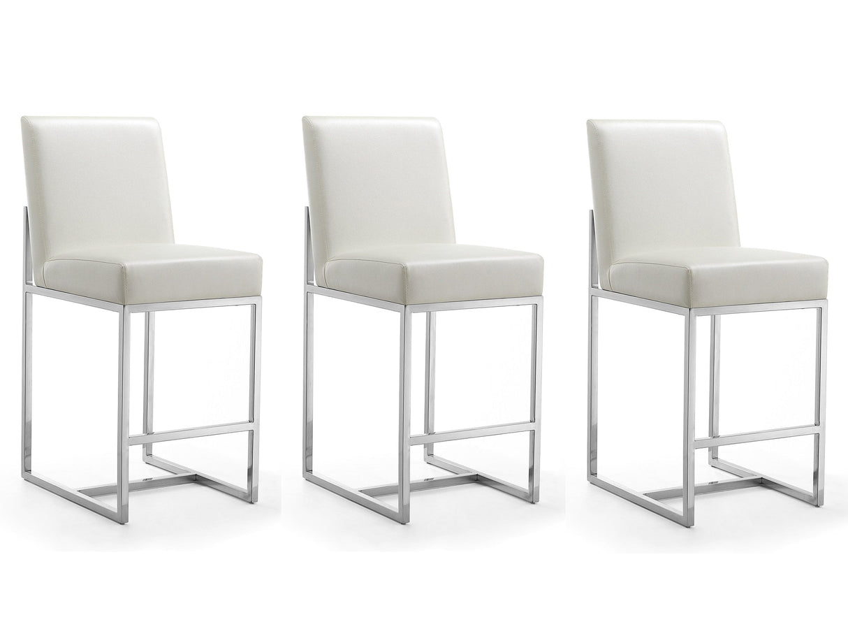 Element Faux Leather Counter Stool in Pearl White and Polished Chrome (Set of 3) by Manhattan Comfort at Eve Furniture
