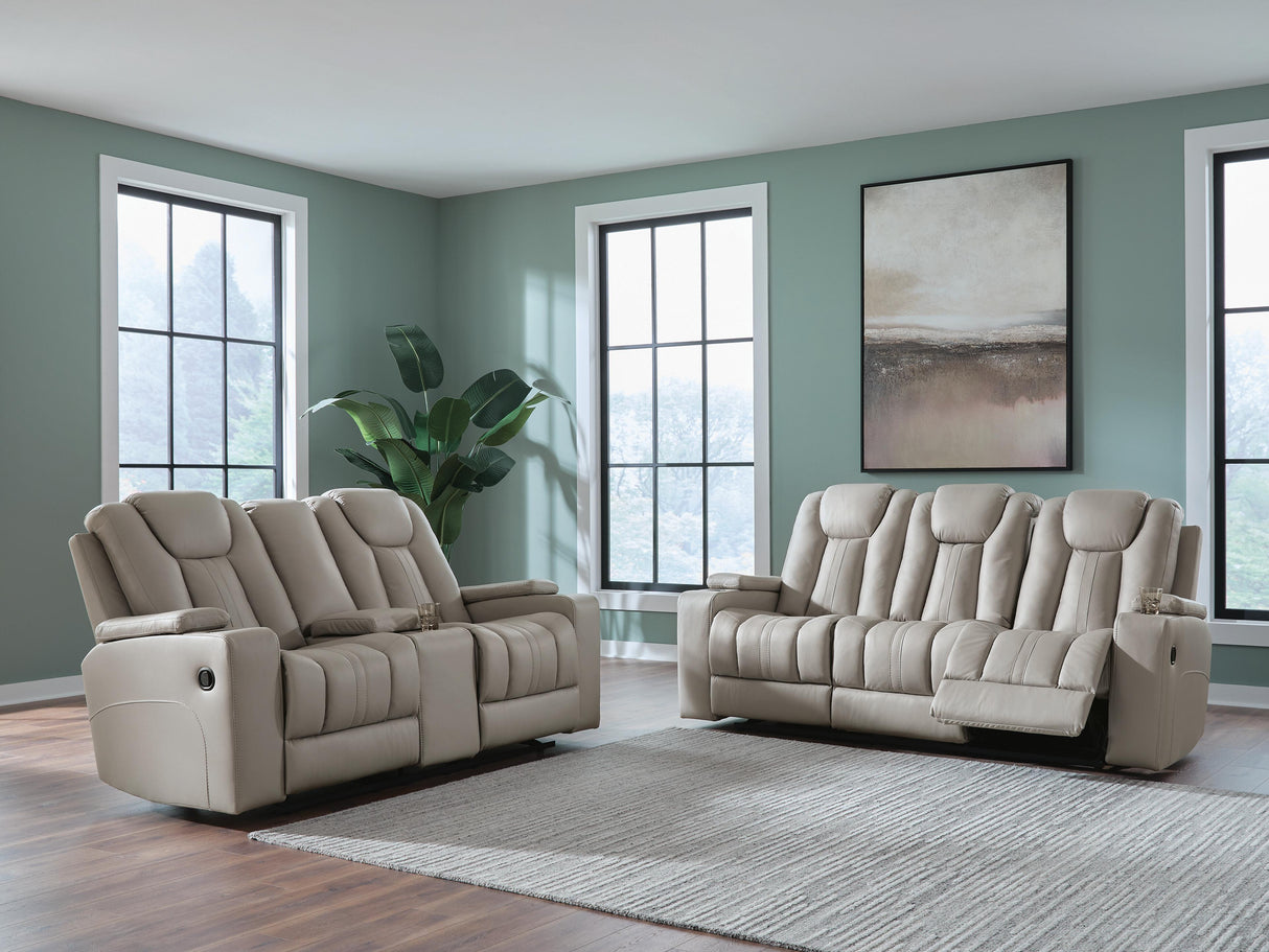 Elevate Edges Coin Reclining Sofa and Loveseat with Console by Ashley at Eve Furniture