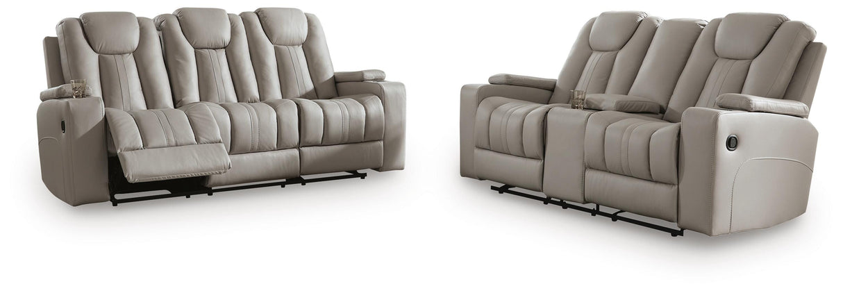 Elevate Edges Coin Reclining Sofa and Loveseat with Console by Ashley at Eve Furniture