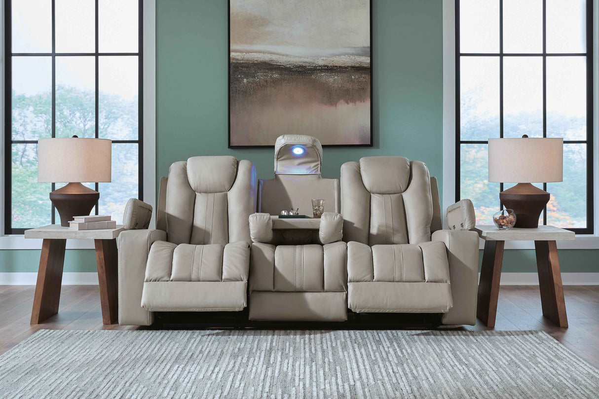 Elevate Edges Coin Reclining Sofa with Drop Down Table by Ashley at Eve Furniture