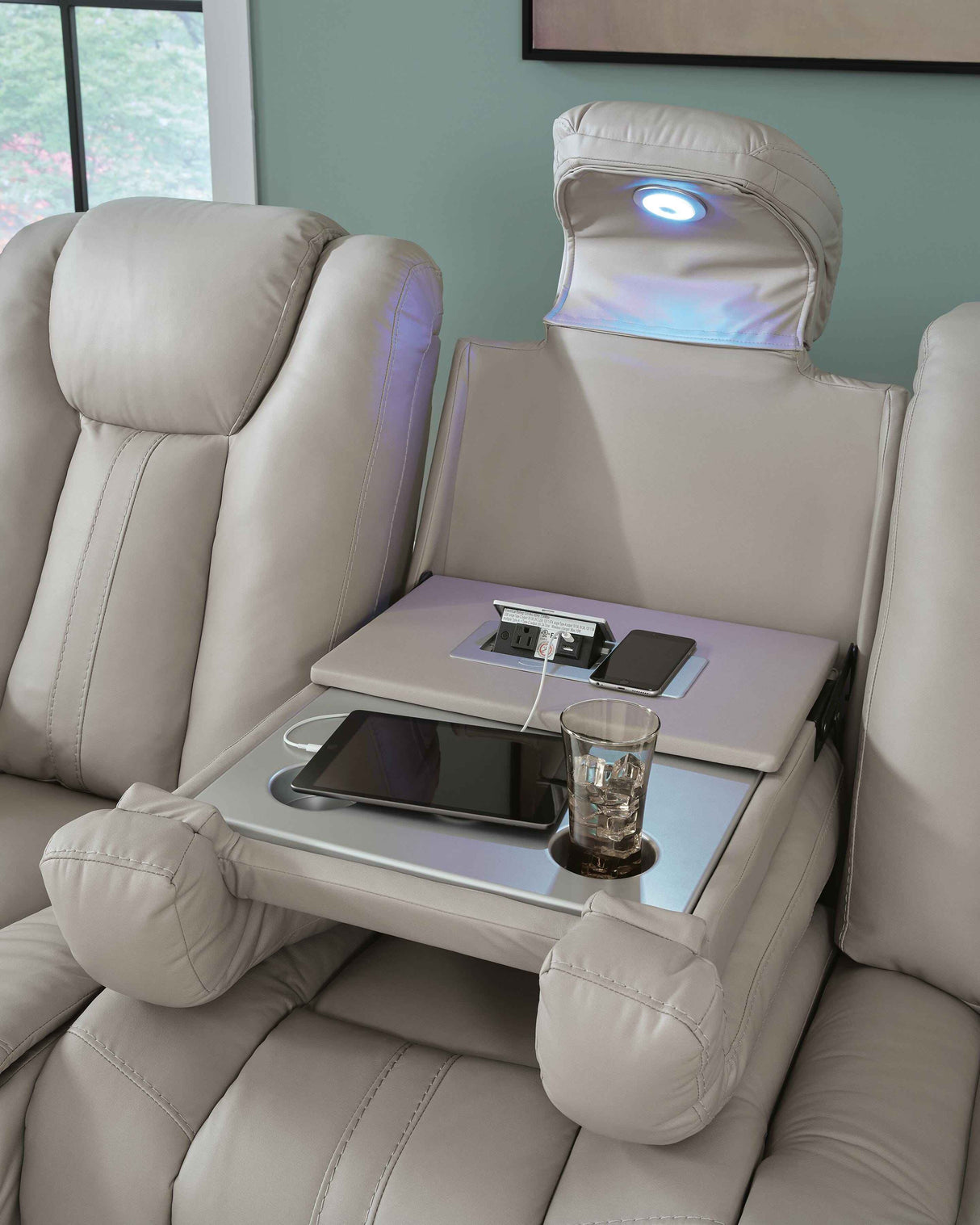 Elevate Edges Coin Reclining Sofa with Drop Down Table by Ashley at Eve Furniture