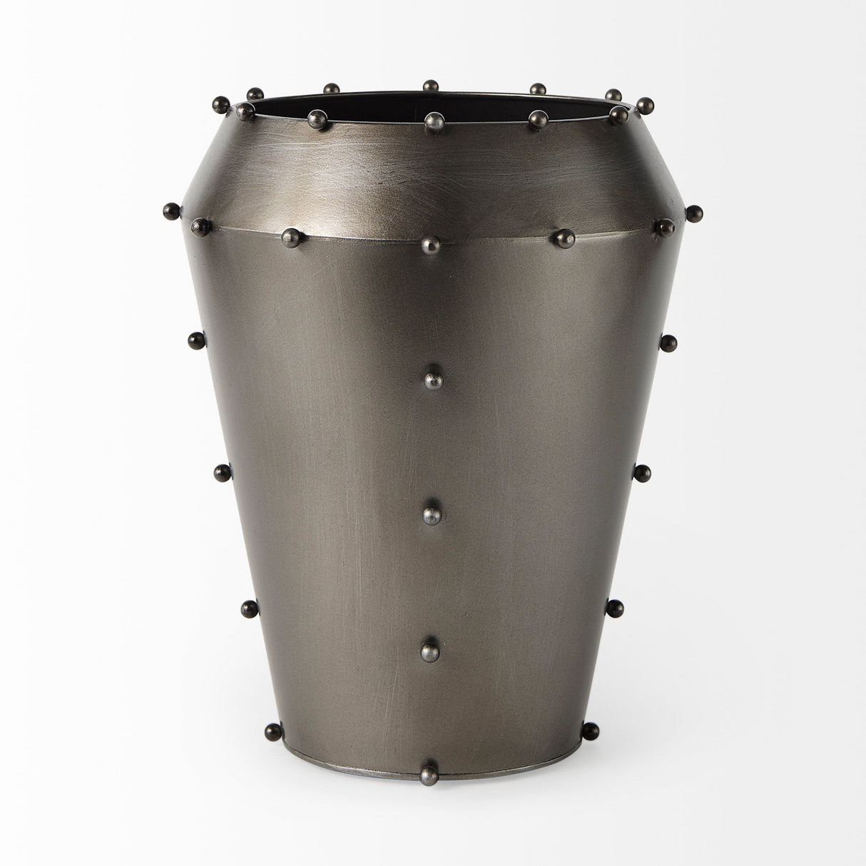 Elio 12.2H Large Gun Metal Gray Metal W/Studs Vase by Mercana at Eve Furniture