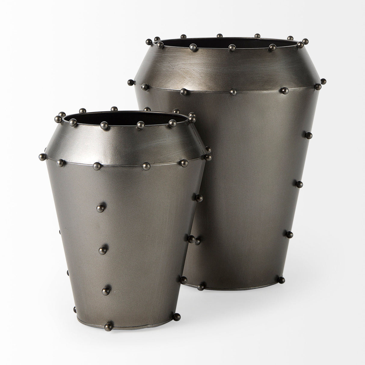 Elio 12.2H Large Gun Metal Gray Metal W/Studs Vase by Mercana at Eve Furniture
