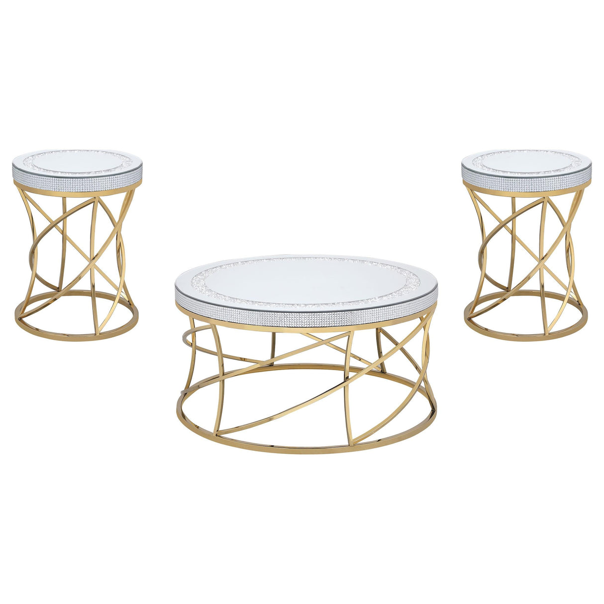 Elise Gold 3-Piece Round Mirror Top Coffee and End Table Set by Coaster at Eve Furniture