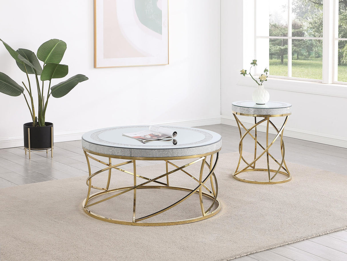 Elise Gold Round Mirror Top Stainless Steel End Table by Coaster at Eve Furniture