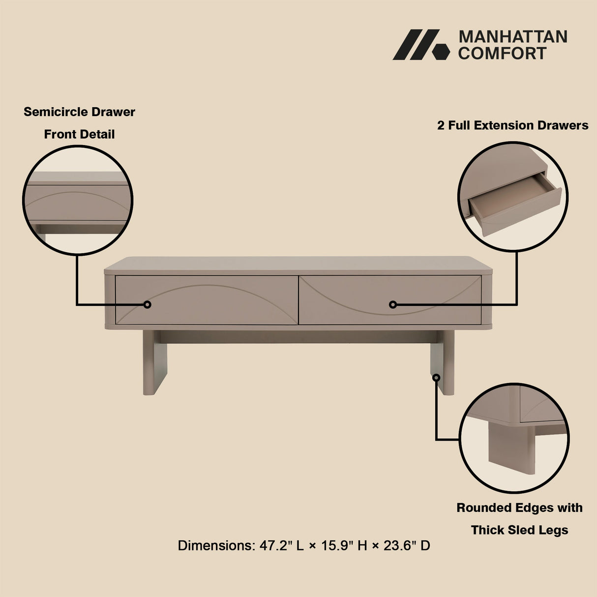 Ella 47.2" Coffee Table in Mocha by Manhattan Comfort at Eve Furniture