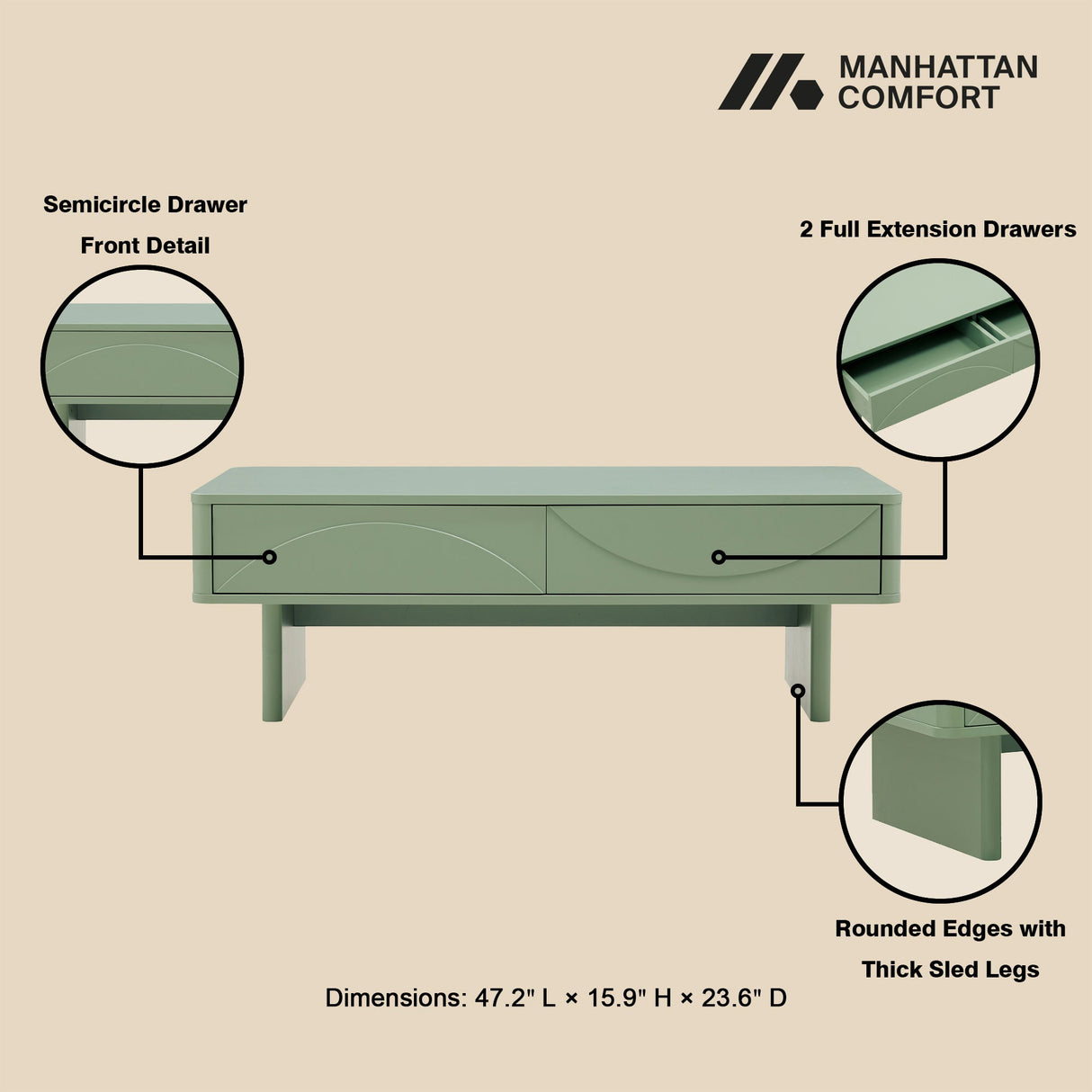Ella 47.2" Coffee Table in Sage Green by Manhattan Comfort at Eve Furniture