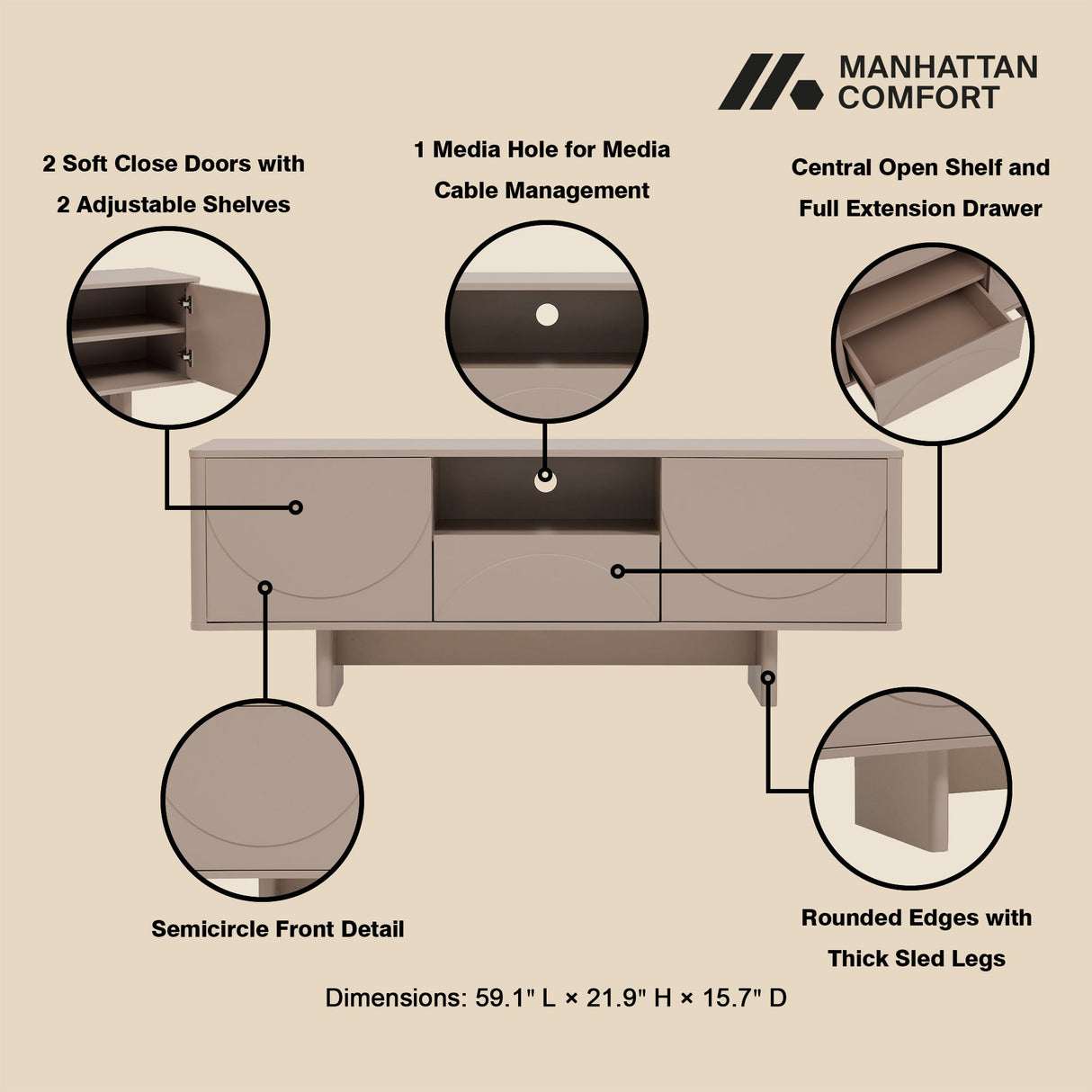 Ella 59" TV Stand in Mocha by Manhattan Comfort at Eve Furniture