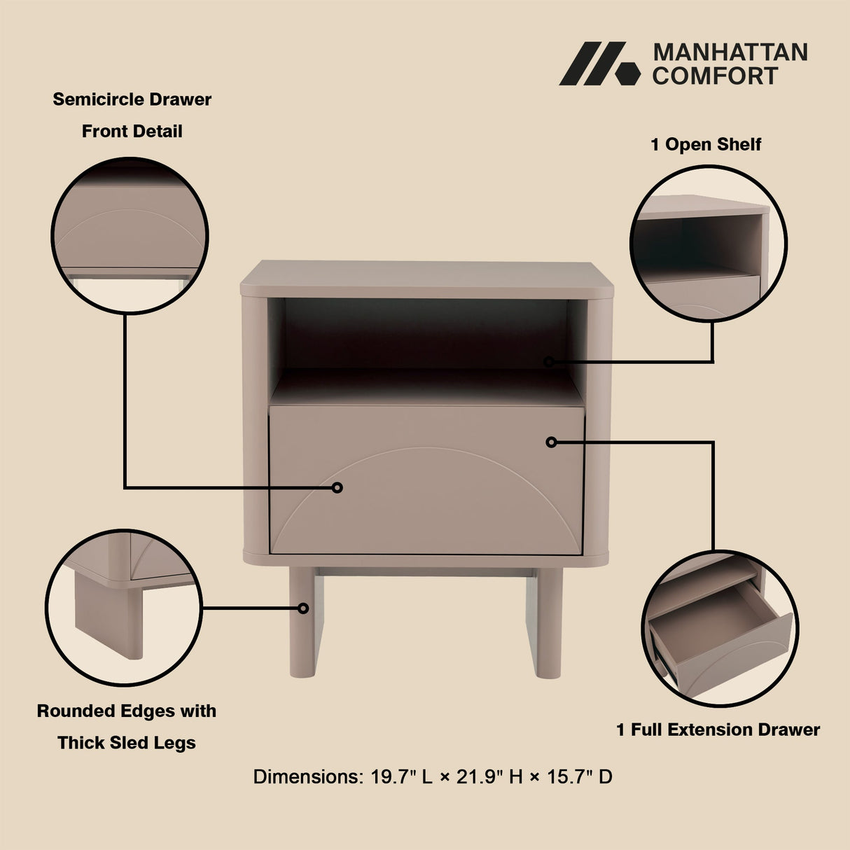 Ella Nightstand in Mocha by Manhattan Comfort at Eve Furniture