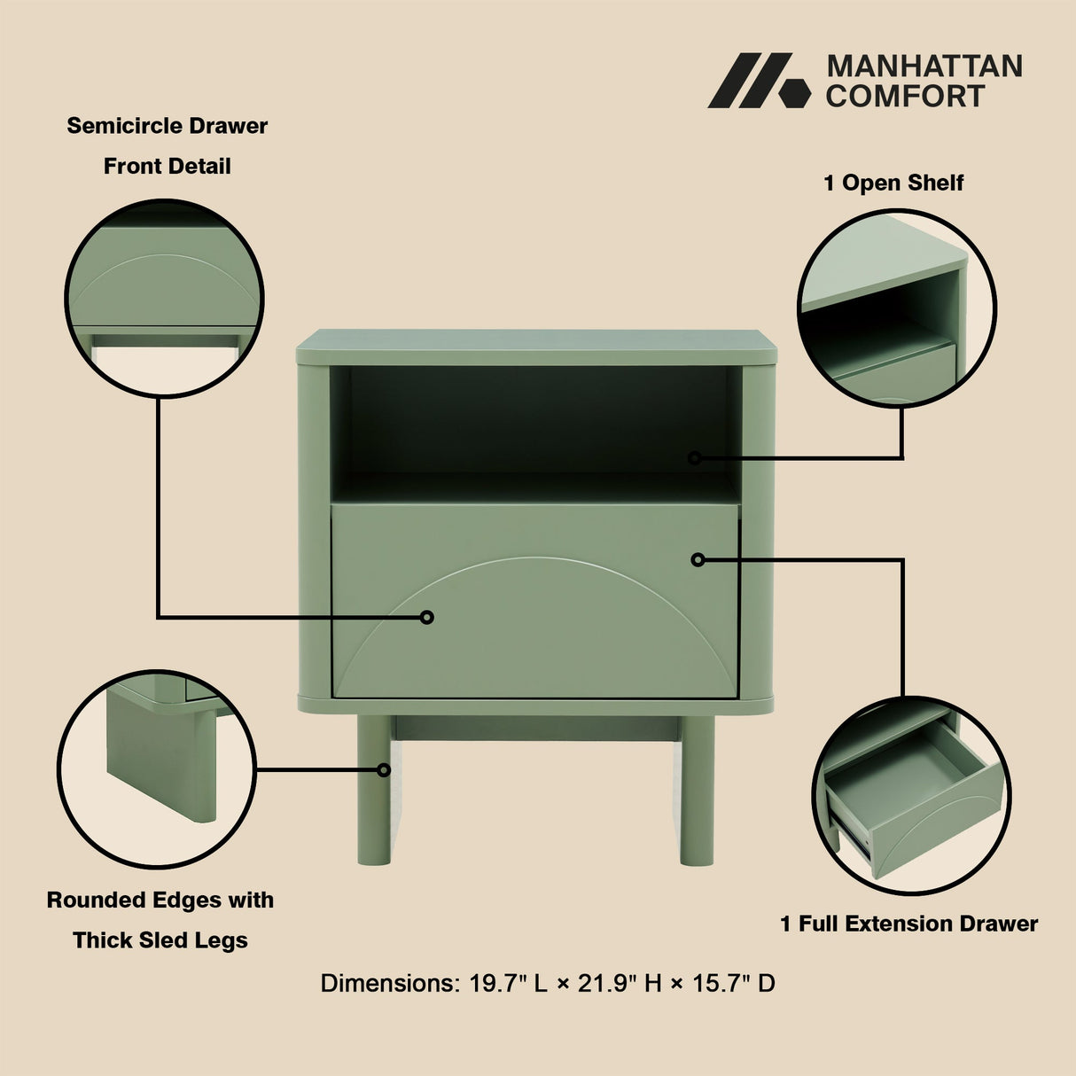 Ella Nightstand in Sage Green by Manhattan Comfort at Eve Furniture