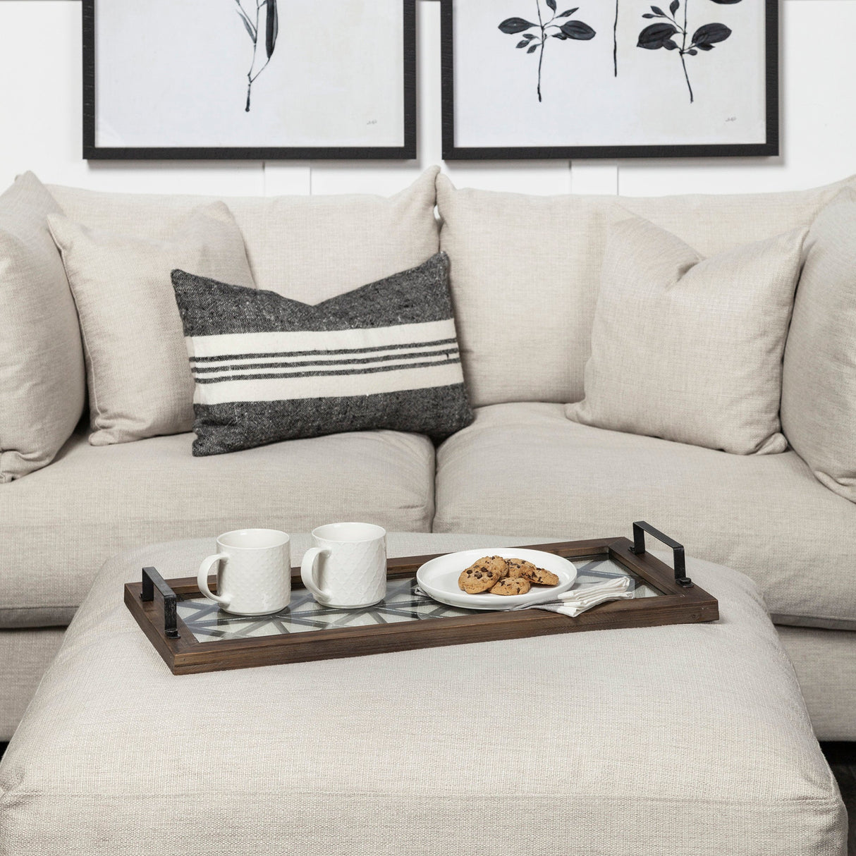 Ellingson 28L x 13W Black Rectangular Metal Glass Wood Bottom Tray by Mercana at Eve Furniture