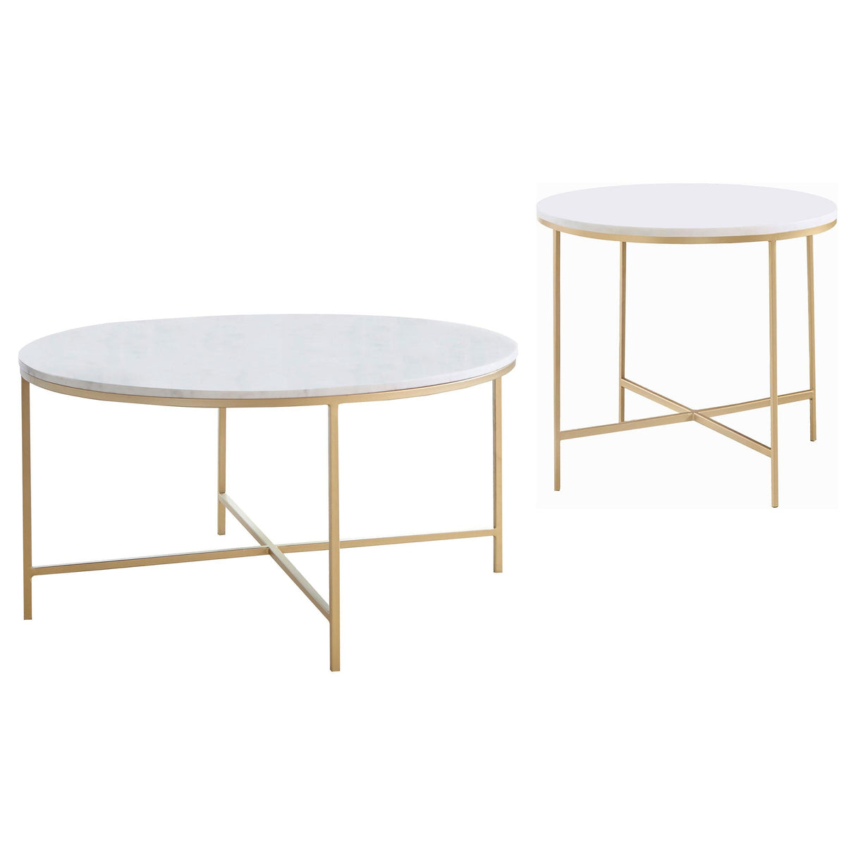 Ellison White and Gold 2-Piece Round Marble Coffee and End Table Set by Coaster at Eve Furniture