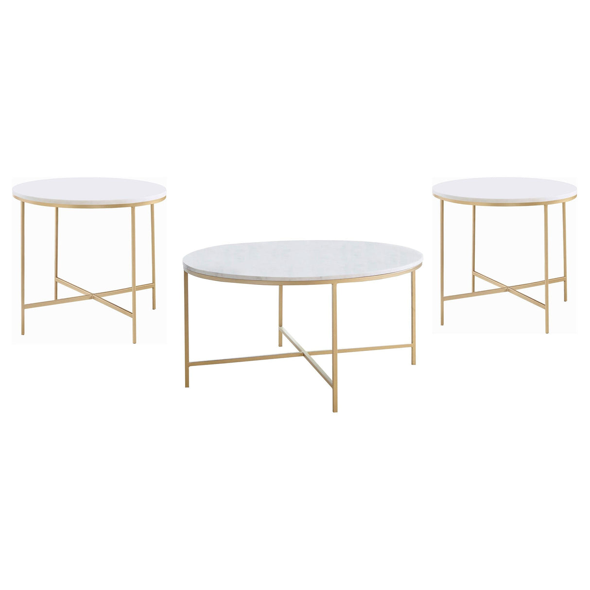 Ellison White and Gold 3-Piece Round Marble Coffee and End Table Set by Coaster at Eve Furniture