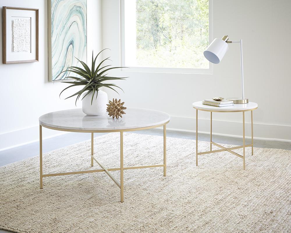 Ellison White/Gold Round X-cross Coffee Table by Coaster at Eve Furniture