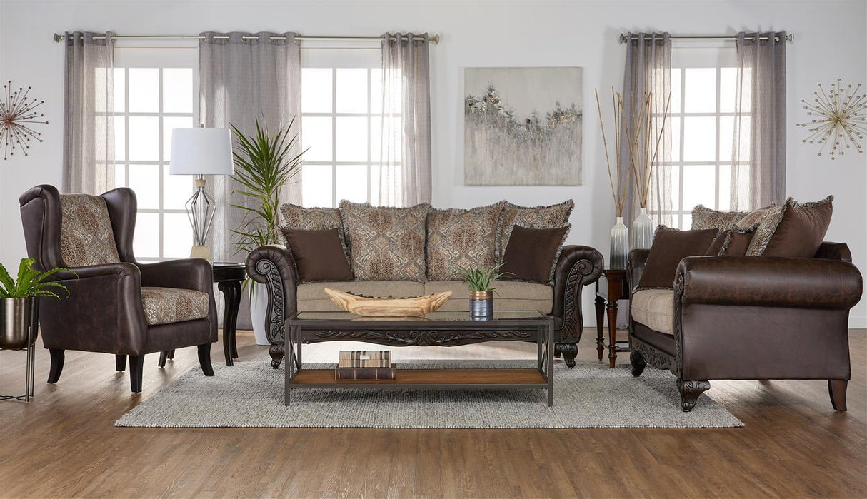 Elmbrook Brown Upholstered Rolled Arm Sofa with Intricate Wood Carvings by Coaster at Eve Furniture