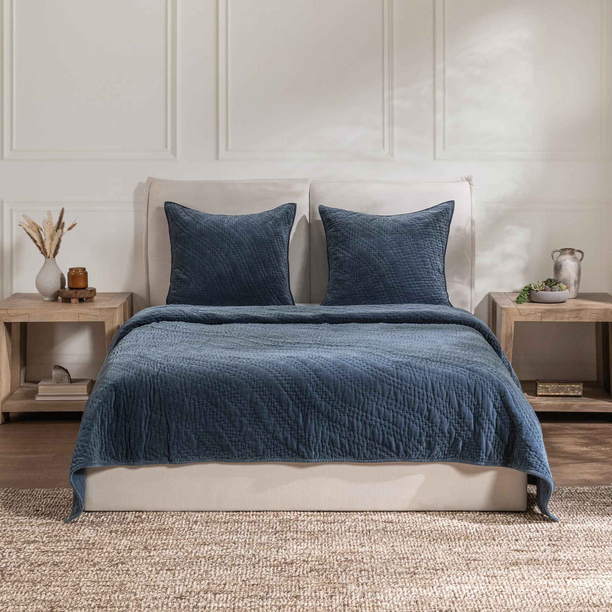 Elms Crisp Blue Velvet Quilt Collection by Classic Home at Eve Furniture