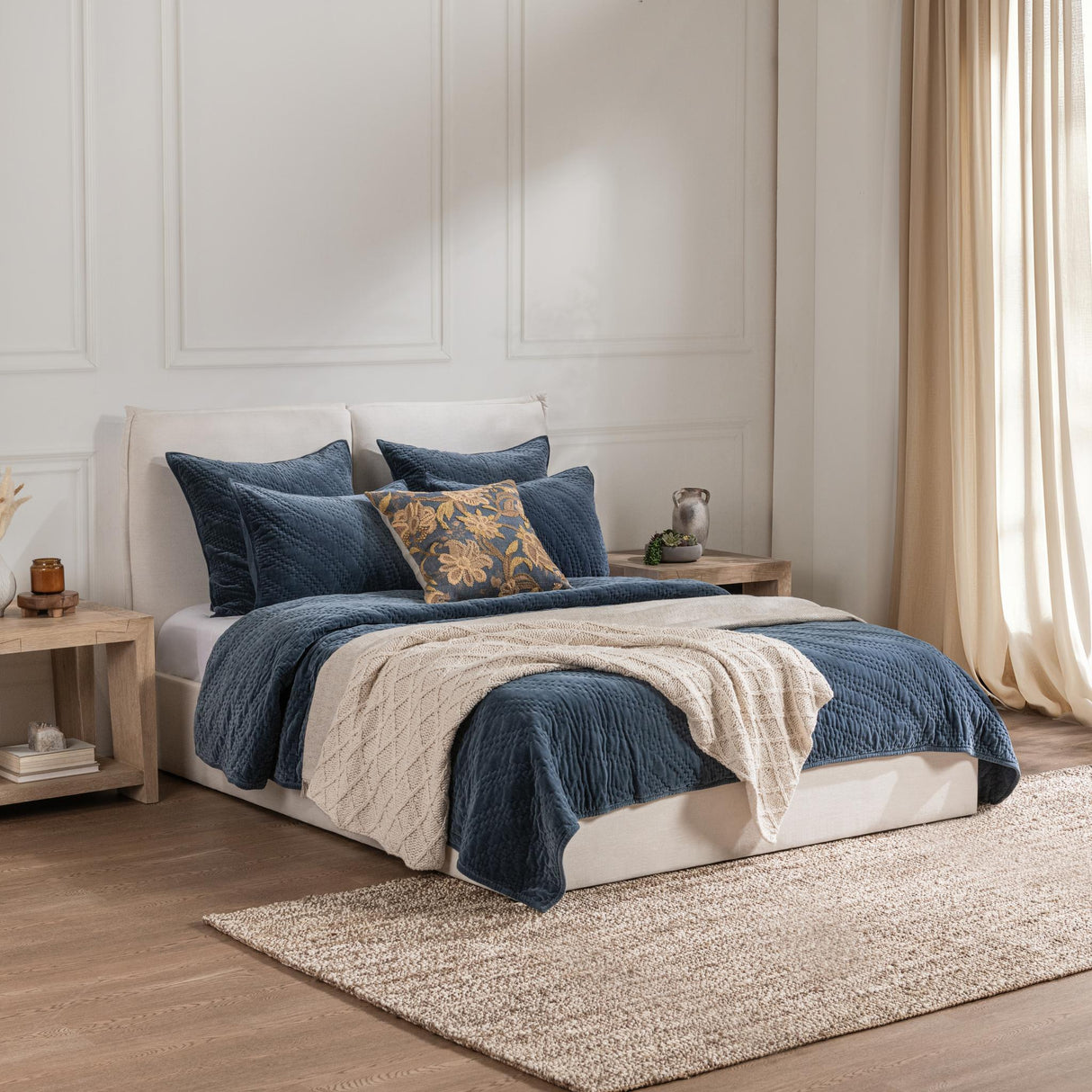 Elms Crisp Blue Velvet Quilt Collection by Classic Home at Eve Furniture