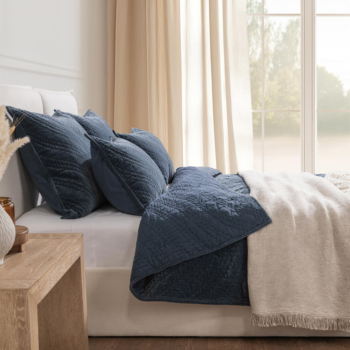 Elms Crisp Blue Velvet Quilt Collection by Classic Home at Eve Furniture