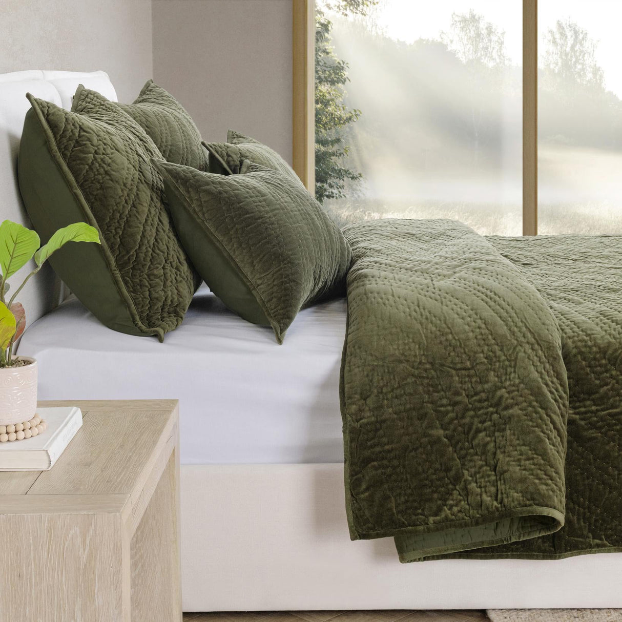 Elms Loden Green Velvet Quilt Collection by Classic Home at Eve Furniture