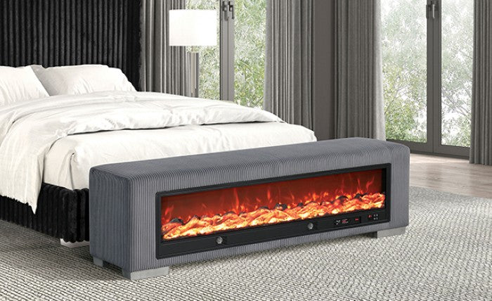 Elnath Gray Bench w/ Visual Wood Log Fireplace by Furniture of America at Eve Furniture