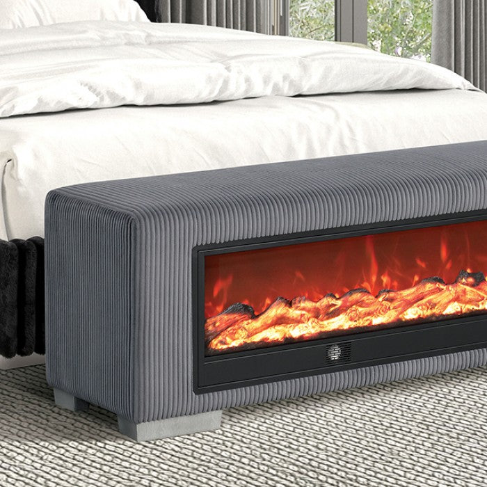 Elnath Gray Bench w/ Visual Wood Log Fireplace by Furniture of America at Eve Furniture