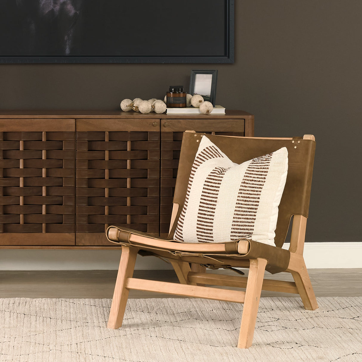 Elodie 24.4L x 33.9W x 30.7H Brown Leather W/Natural Beech Wood Frame Accent Chair by Mercana at Eve Furniture