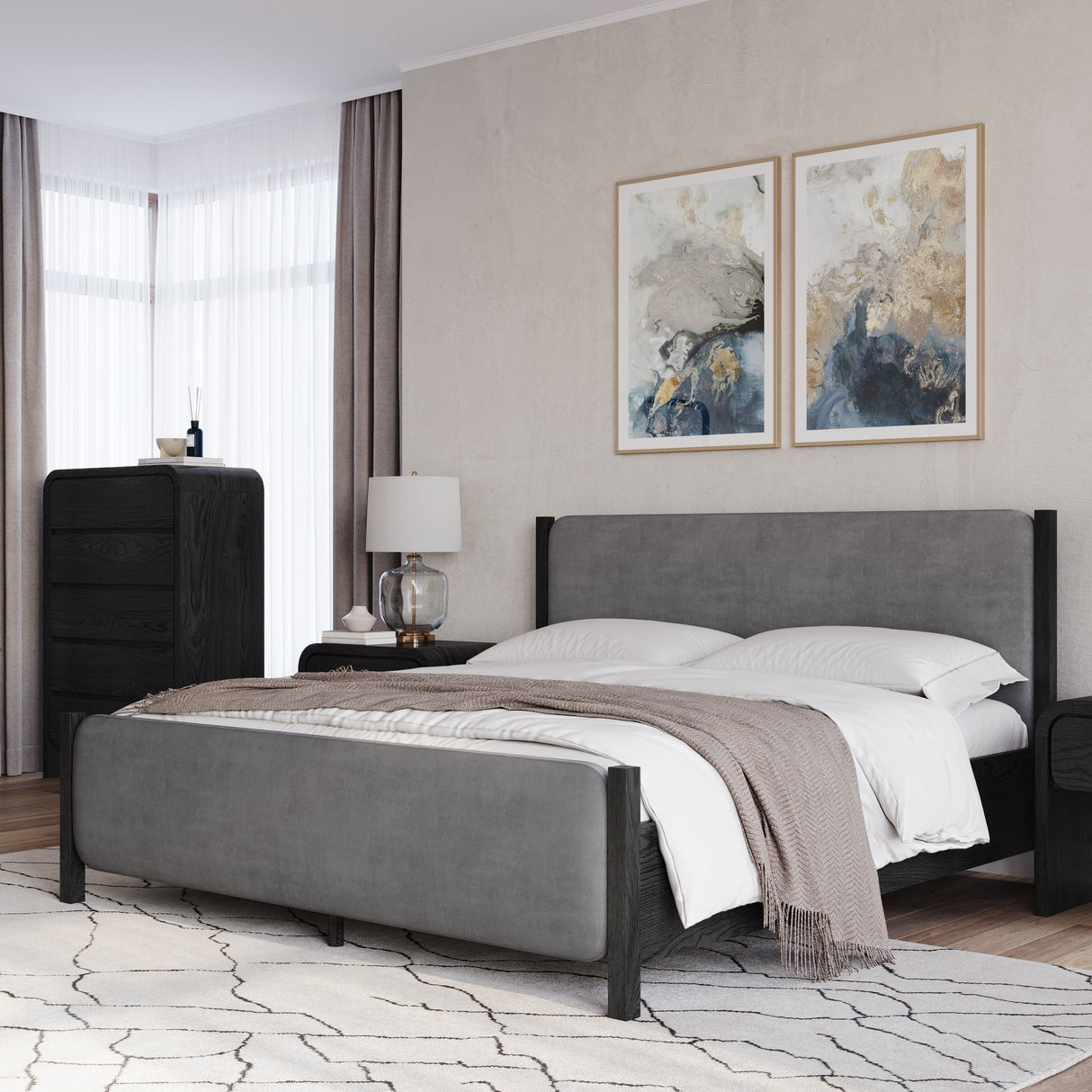 Elora Wood and Velvet Full Upholstered Bed in Jet and Charcoal by Modus Furniture at Eve Furniture