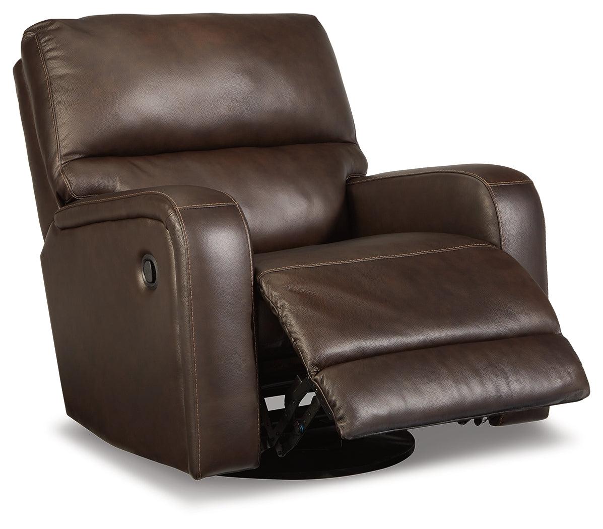 Emberla Coffee Swivel Glider Recliner by Ashley at Eve Furniture