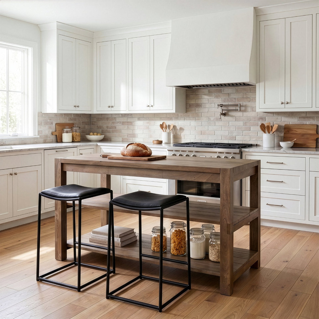 Emeril Brown Solid Wood Two-Tier Smooth Counter Top Kitchen Island by Mercana at Eve Furniture