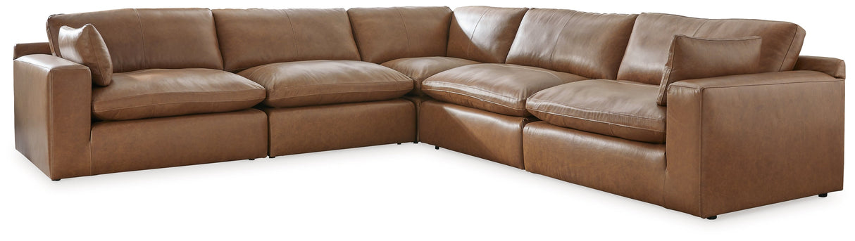 Emilia Caramel 5-Piece Leather Modular Sectional and Ottoman by Ashley at Eve Furniture