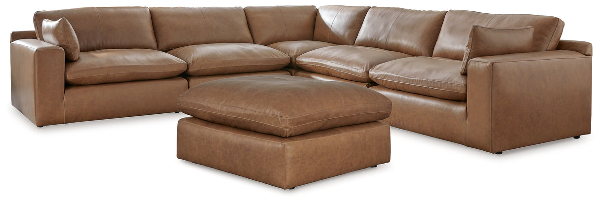 Emilia Caramel 5-Piece Leather Modular Sectional and Ottoman by Ashley at Eve Furniture