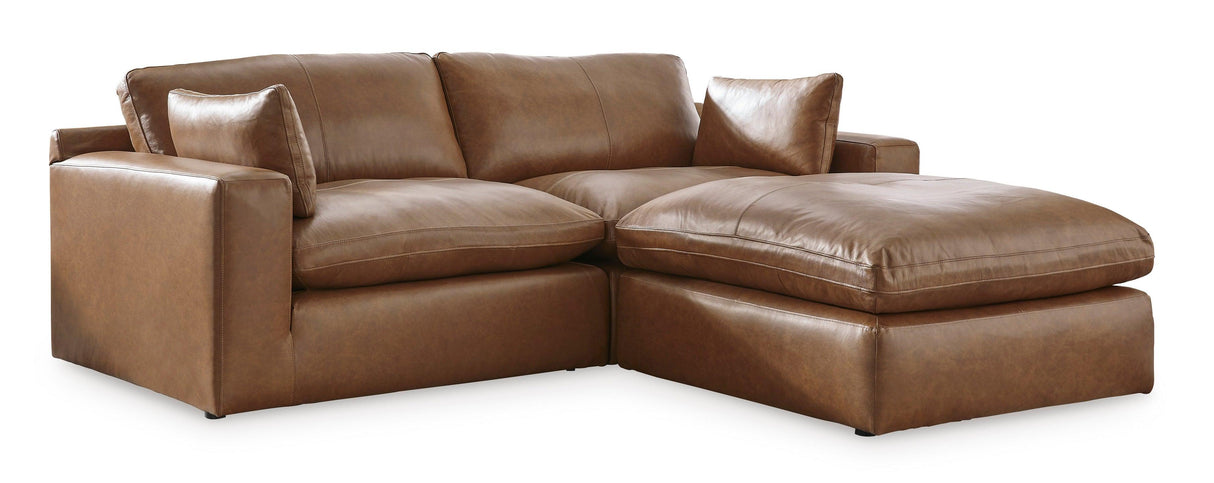 Emilia Caramel Leather 3-Piece Modular Sectional with Ottoman by Ashley at Eve Furniture