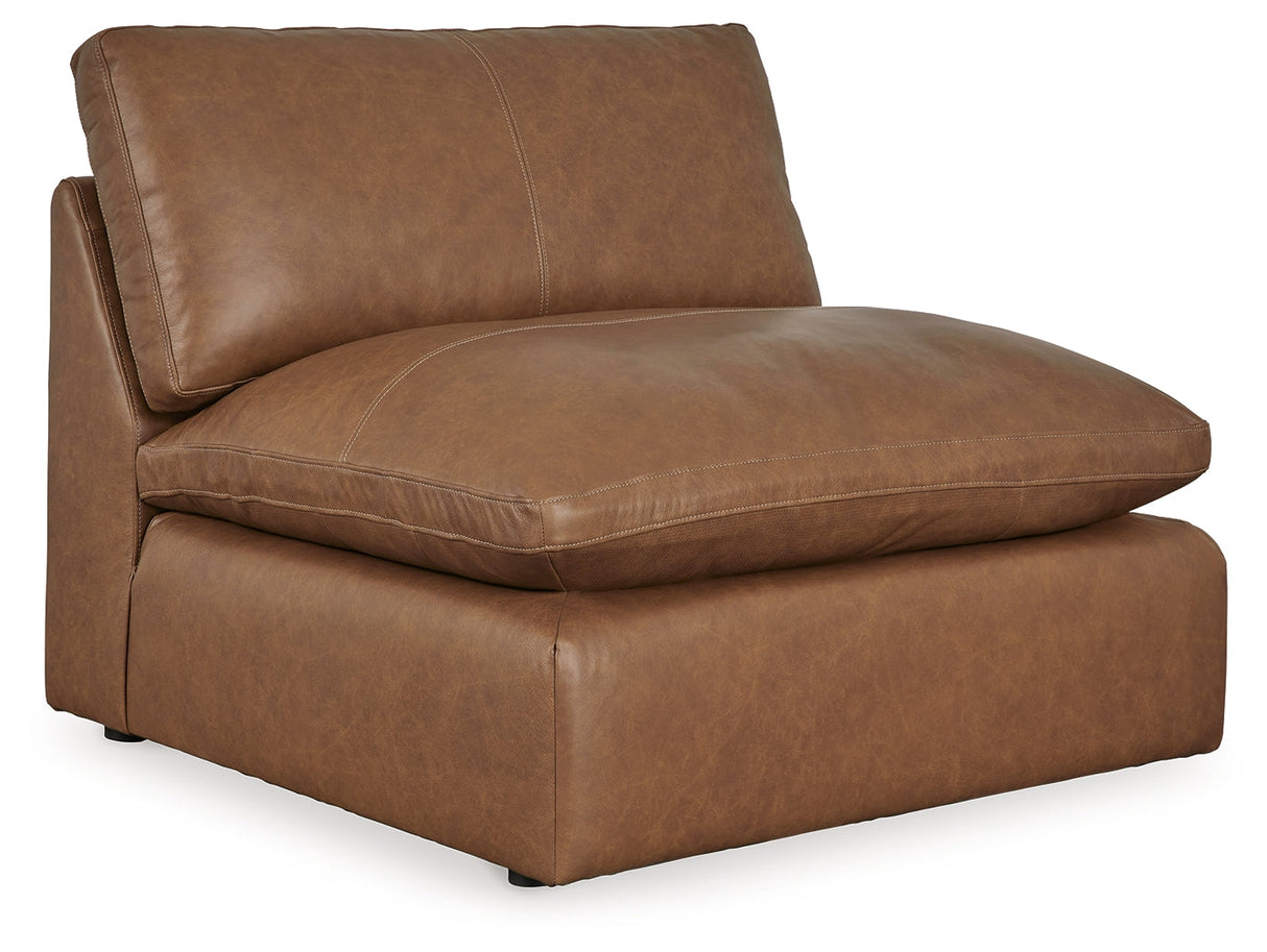 Emilia Caramel Leather Armless Chair by Ashley at Eve Furniture