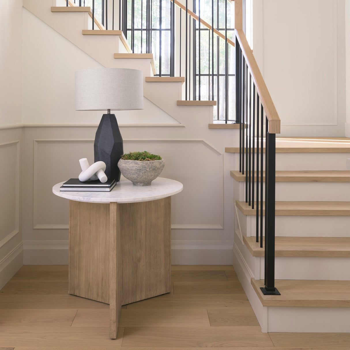 Enzo Marble Tabletop w/ Fluted Light Wood Base Foyer Accent Table by Mercana at Eve Furniture