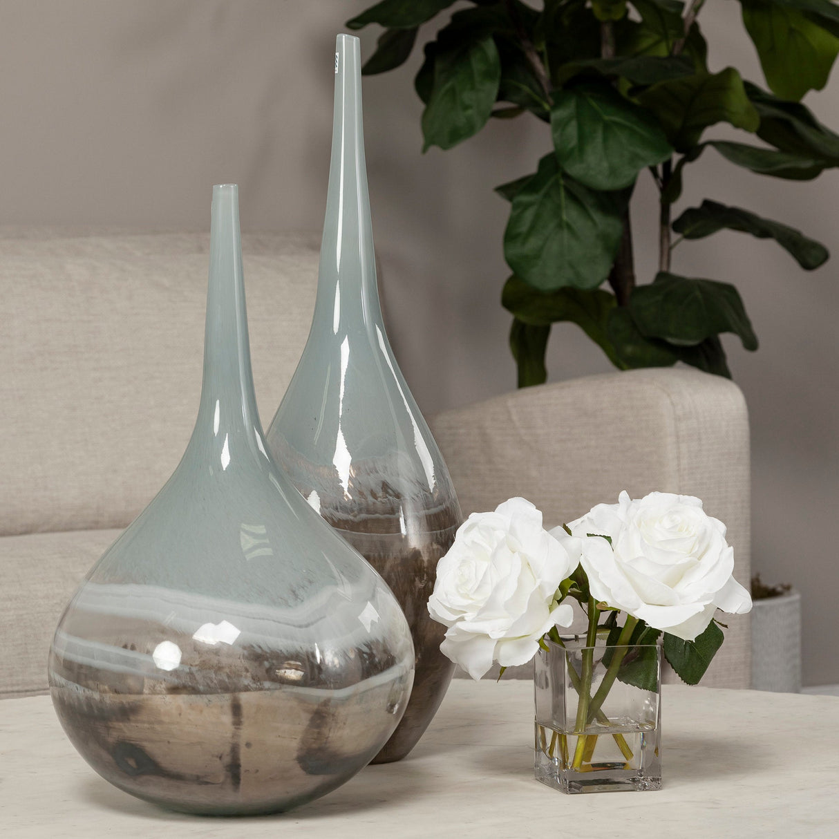 Erie II Tall Two Toned Sky Blue Dark Brown Blown Glass Vase by Mercana at Eve Furniture