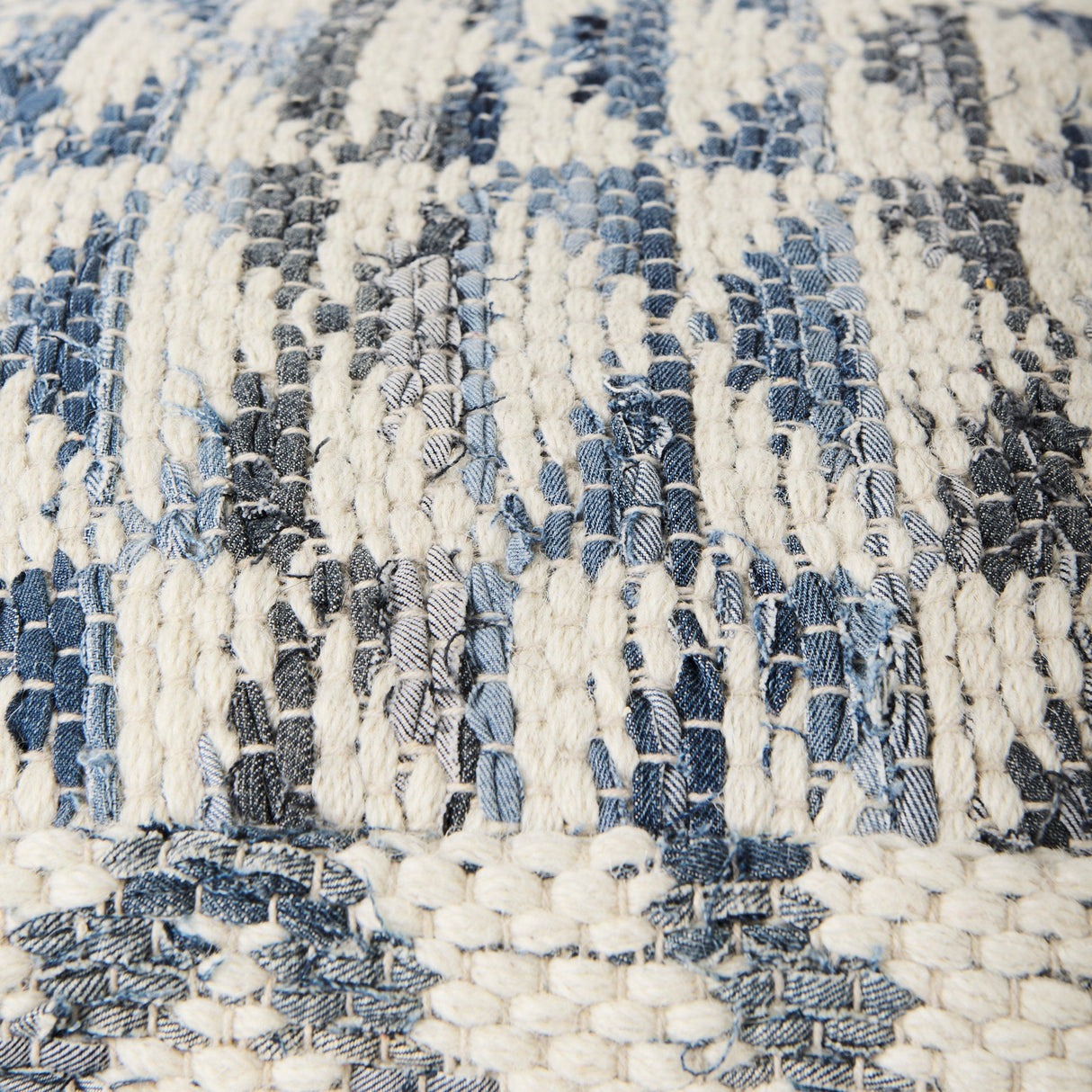 Eshana Cream Wool and Denim Patterned Pouf by Mercana at Eve Furniture